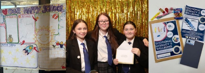 St Luke's Students who won the Student Community Leadership Award at the Ted Wragg Awards 2024 standing in front of a gold backdrop